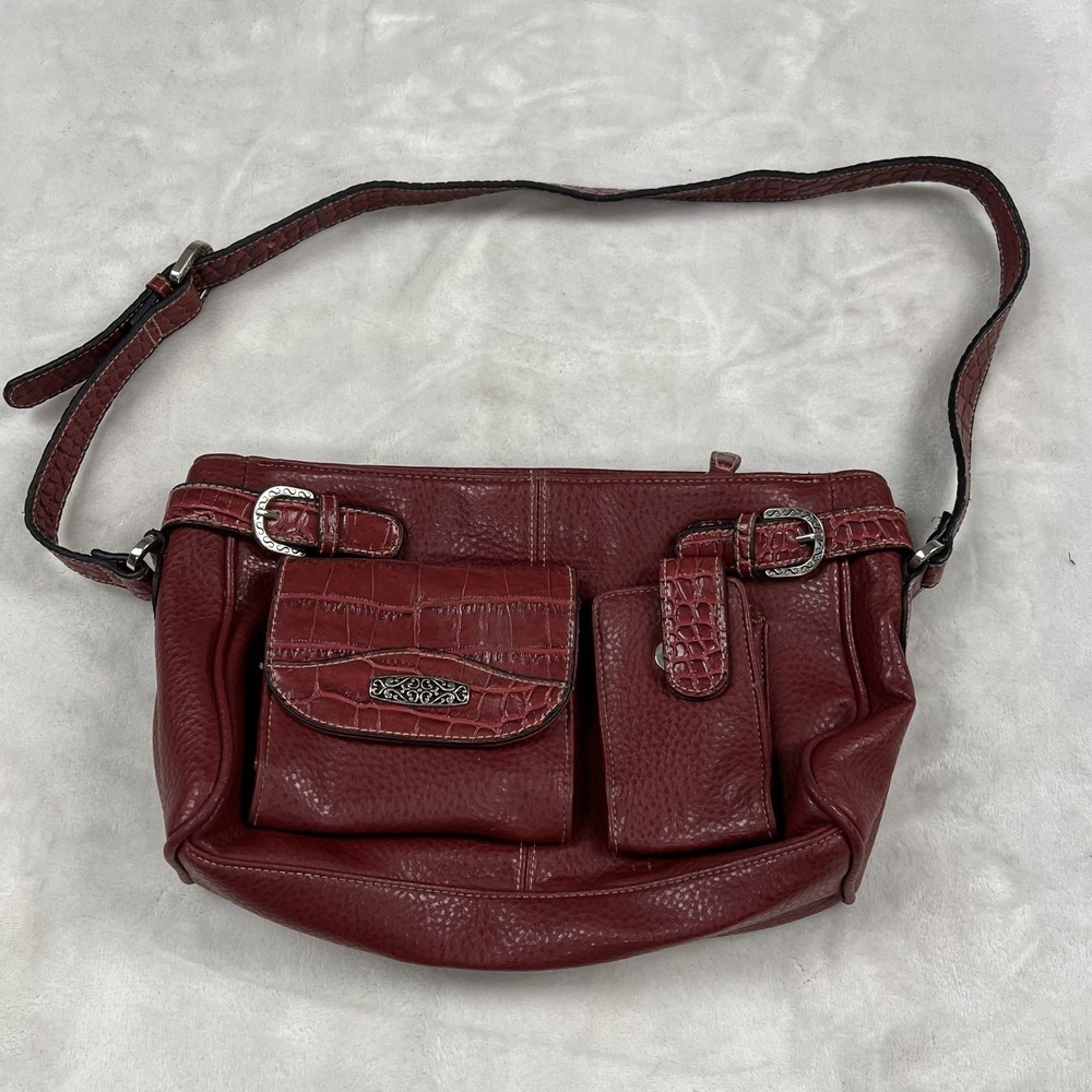 Unbranded y2k Shoulder Bag Women Small Burgundy Faux Leather Multi Pocket Buckle